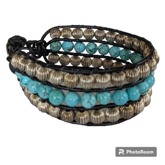 Leather Cord Cuff Bracelet with Teal Howlite and Silver Metal Beads - Picture 1 of 6